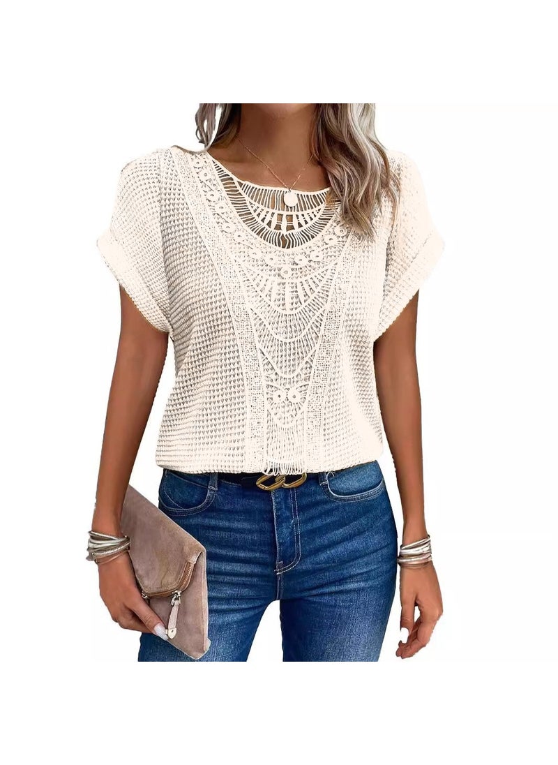 2024 Fashion Lace Patchwork Plus Size Tee Off-white