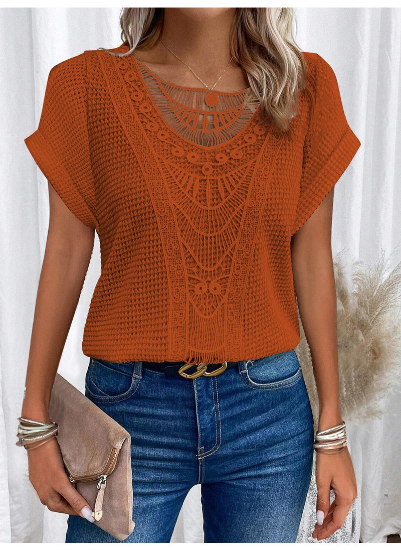 2024 Fashion Lace Patchwork Plus Size Tee Orange red