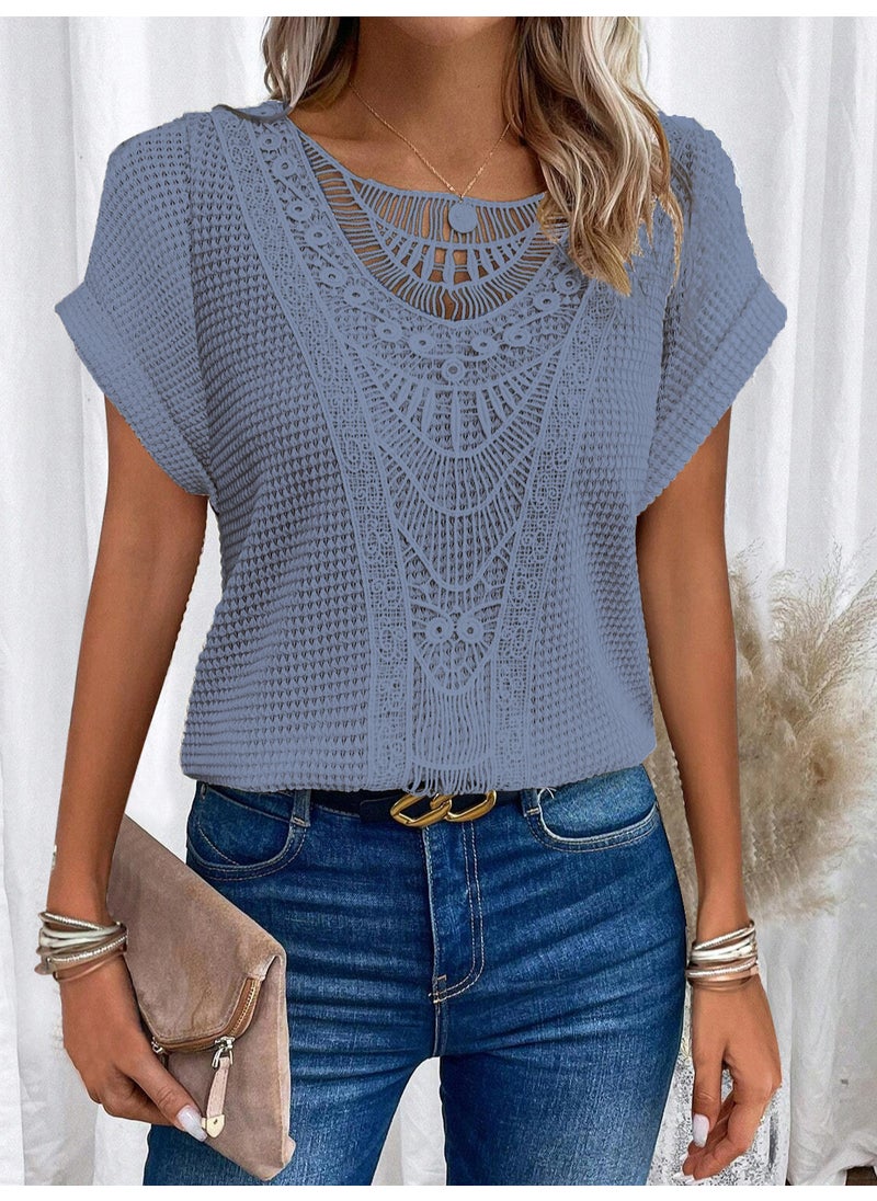 2024 Fashion Lace Patchwork Plus Size Tee Blue