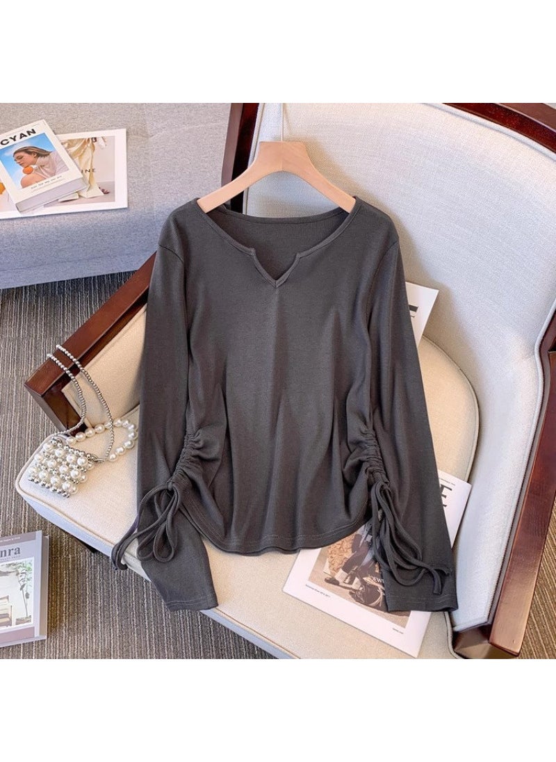 Plus Size 2024 Autumn Chic Korean Tee Slimming Irregular Top Gray【】