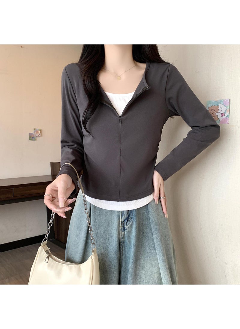 Plus Size Layered Long Sleeve Tee for Women Autumn Fashion Slimming Top Gray