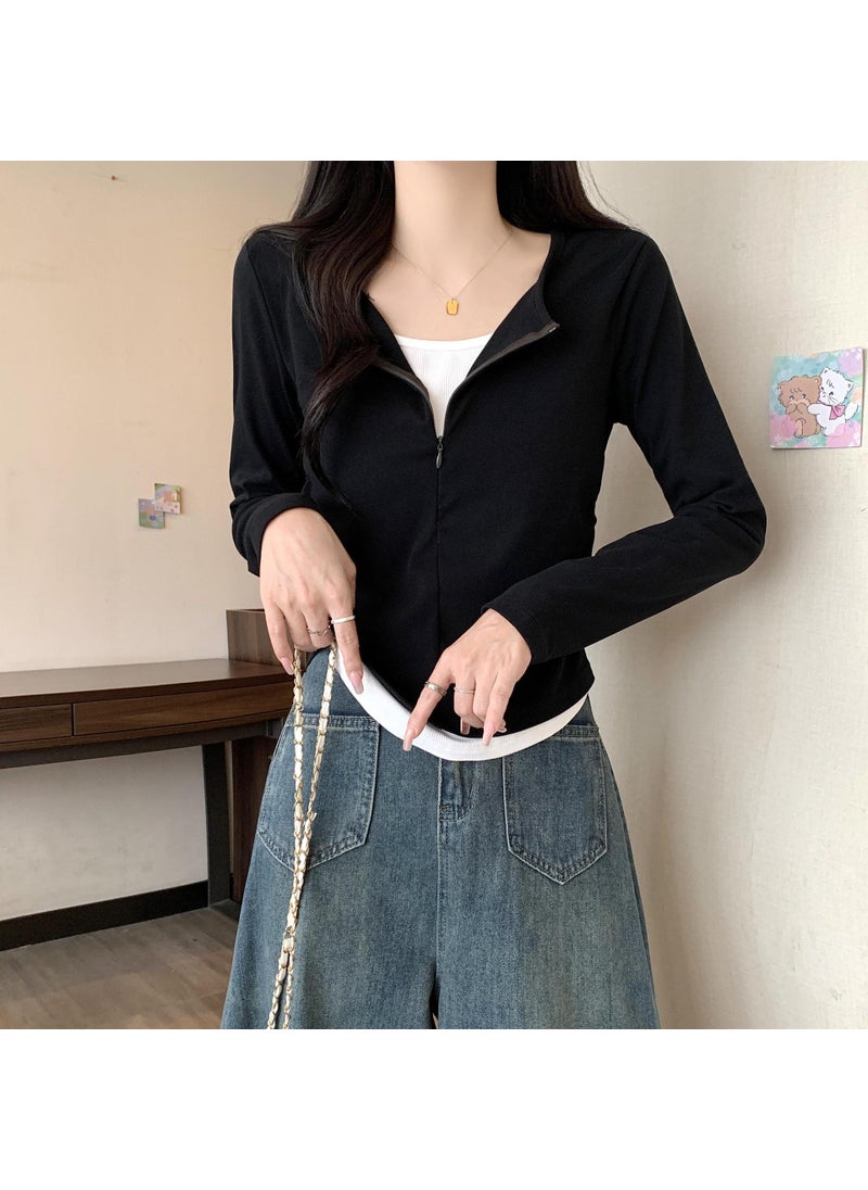 Plus Size Layered Long Sleeve Tee for Women Autumn Fashion Slimming Top Black