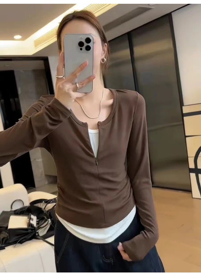 Plus Size Layered Long Sleeve Tee for Women Autumn Fashion Slimming Top Brown