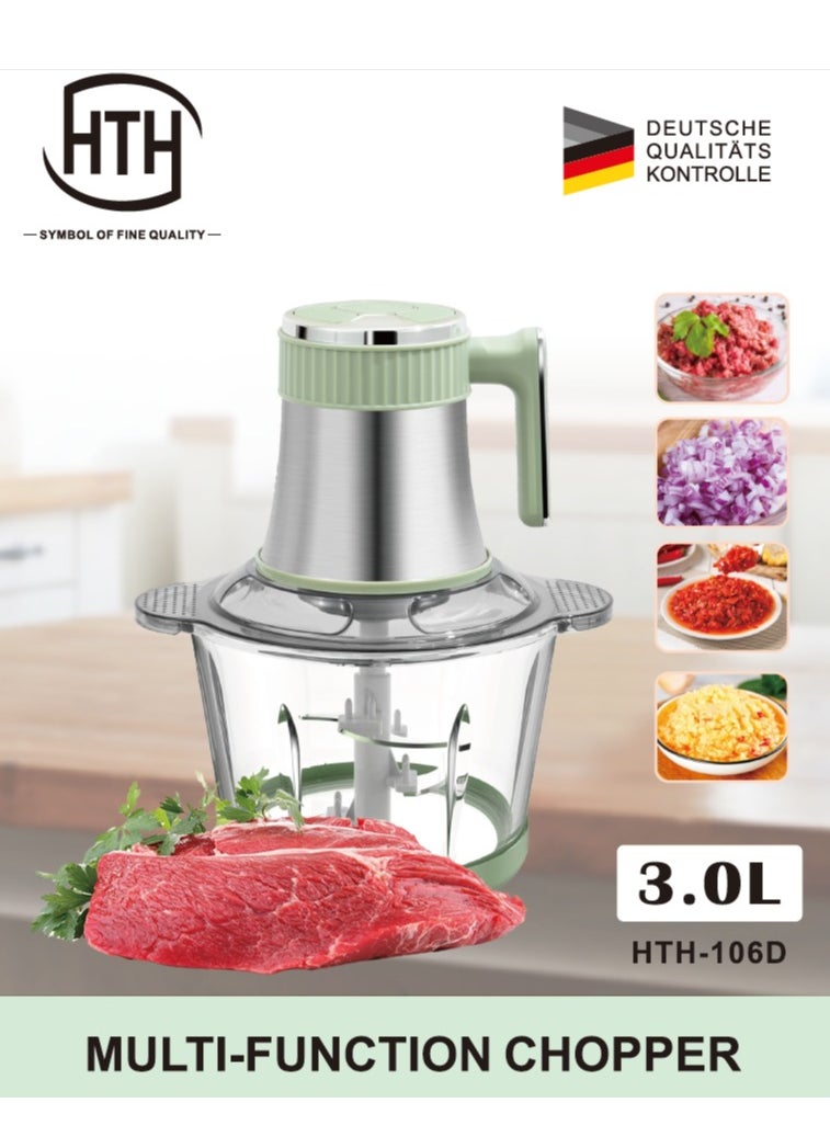 Multifunction 2 In 1 Electric Chopper Mixer 3L Capacity Food Processor Stainless Steel Knife Blade and Glass Mixer Bowl with Multiple Speed Mode 600W Pure Copper Electric Motor Vegetables and Meat Grinder High Performance Kitchen Appliance with Safety Feature for Chopping Ice Crushing Mincing Grinding Pureeing Blending 23.5x23.5x32.5 cm