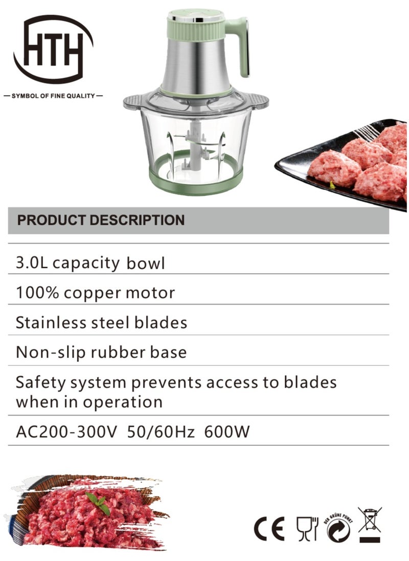 Multifunction 2 In 1 Electric Chopper Mixer 3L Capacity Food Processor Stainless Steel Knife Blade and Glass Mixer Bowl with Multiple Speed Mode 600W Pure Copper Electric Motor Vegetables and Meat Grinder High Performance Kitchen Appliance with Safety Feature for Chopping Ice Crushing Mincing Grinding Pureeing Blending 23.5x23.5x32.5 cm