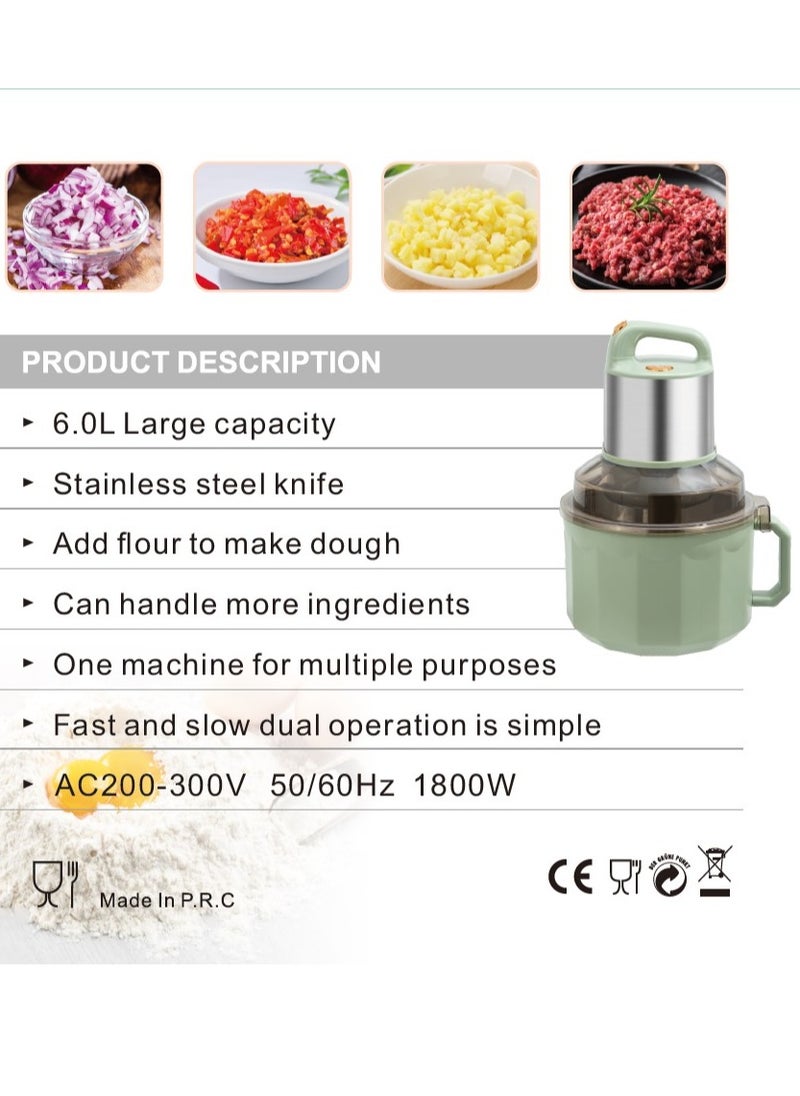 Multifunction 2 In 1 Electric Chopper Mixer 6L Capacity Food Processor Stainless Steel Knife Blade Mixer Bowl with Dual Speed Mode 1800W Electric Motor Vegetables and Meat Grinder High Performance Kitchen Appliance Chopping Ice Crushing Mincing Grinding Pureeing 41.8x24.7x24.8 cm