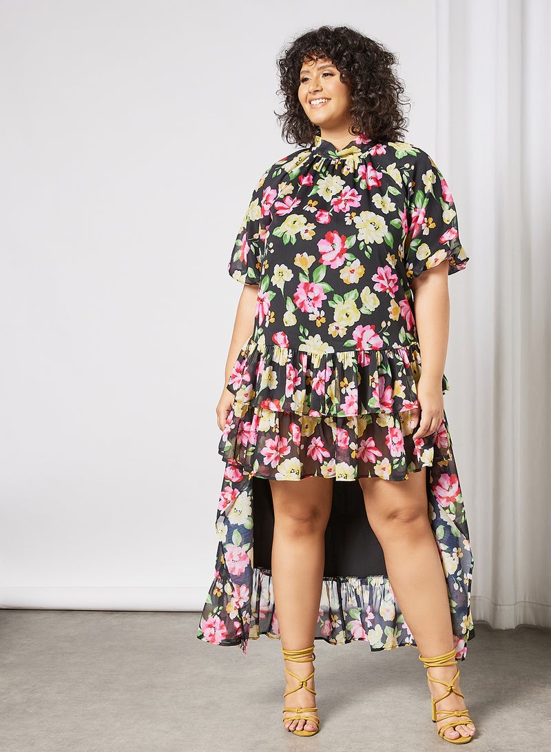 Plus Size Floral Print Dress Black