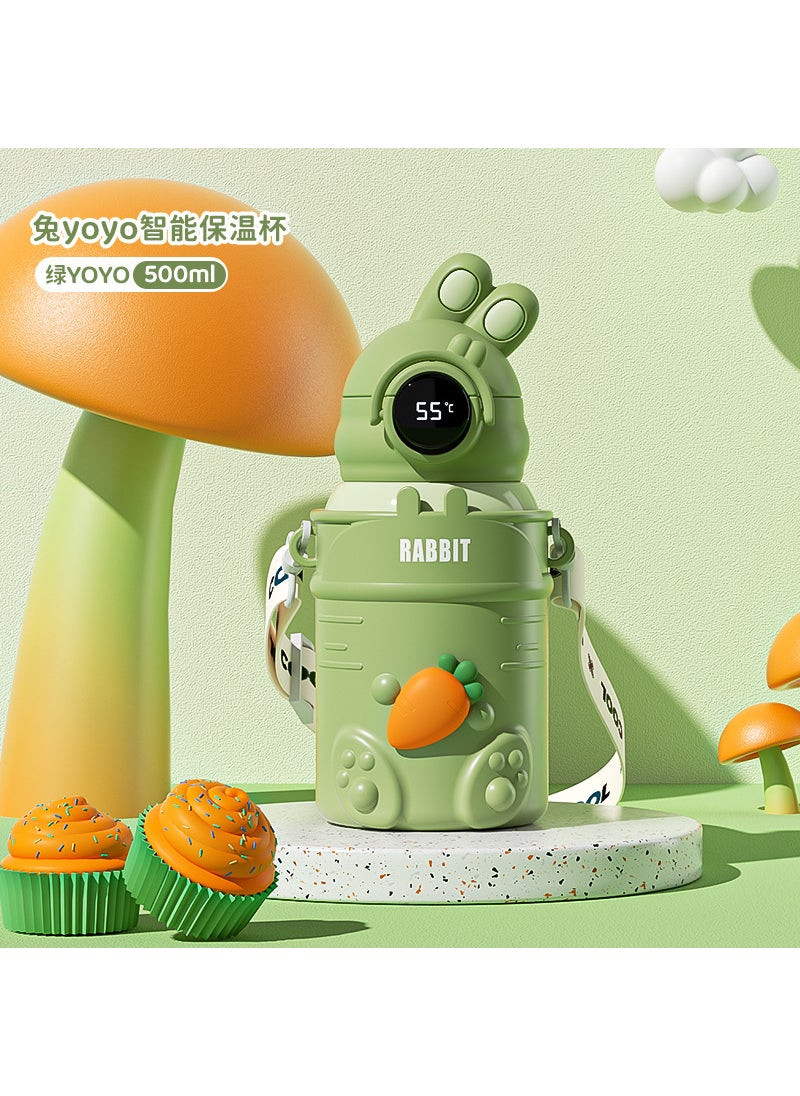 Cute Cartoon Kids Thermal Cup 316 Stainless Steel Rabbit Yoyo with Straw Green temperature display model-carrot rabbit