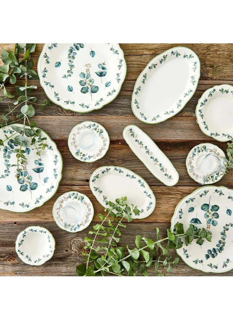 Eucalyptus Stoneware 26-Piece Breakfast Set for 6 People - Green Floral Design, Microwave Safe, Durable Ceramic