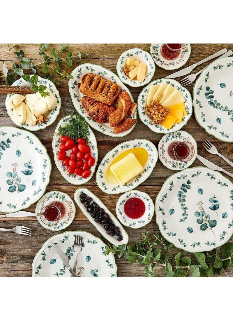 Eucalyptus Stoneware 26-Piece Breakfast Set for 6 People - Green Floral Design, Microwave Safe, Durable Ceramic