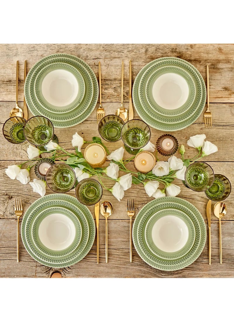 Monica Stoneware 12-Piece Dinner Set for 4 People – Green, Modern & Durable