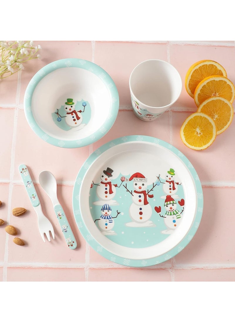 Voidrop Melamine Baby Set Baby Dinnerware Children's Dinnerware Set Includes Plate Bowl Glaas Spoon And Fork Non BPA Made of Durable Material and Perfect for Kids Set Of 5 Snow Man