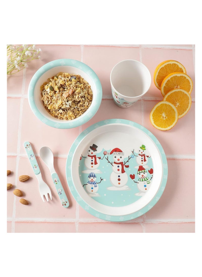 Voidrop Melamine Baby Set Baby Dinnerware Children's Dinnerware Set Includes Plate Bowl Glaas Spoon And Fork Non BPA Made of Durable Material and Perfect for Kids Set Of 5 Snow Man