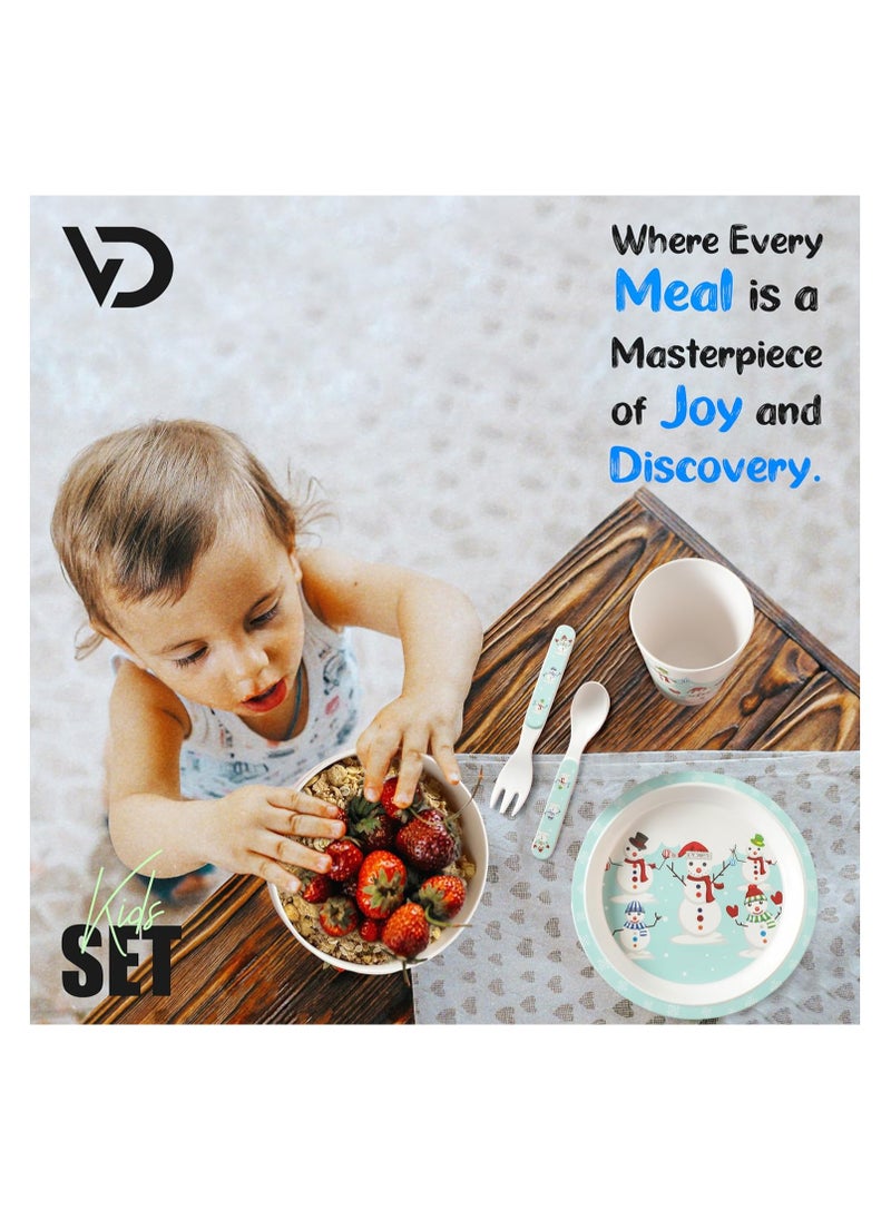 Voidrop Melamine Baby Set Baby Dinnerware Children's Dinnerware Set Includes Plate Bowl Glaas Spoon And Fork Non BPA Made of Durable Material and Perfect for Kids Set Of 5 Snow Man