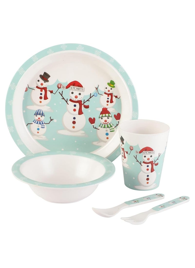 Voidrop Melamine Baby Set Baby Dinnerware Children's Dinnerware Set Includes Plate Bowl Glaas Spoon And Fork Non BPA Made of Durable Material and Perfect for Kids Set Of 5 Snow Man