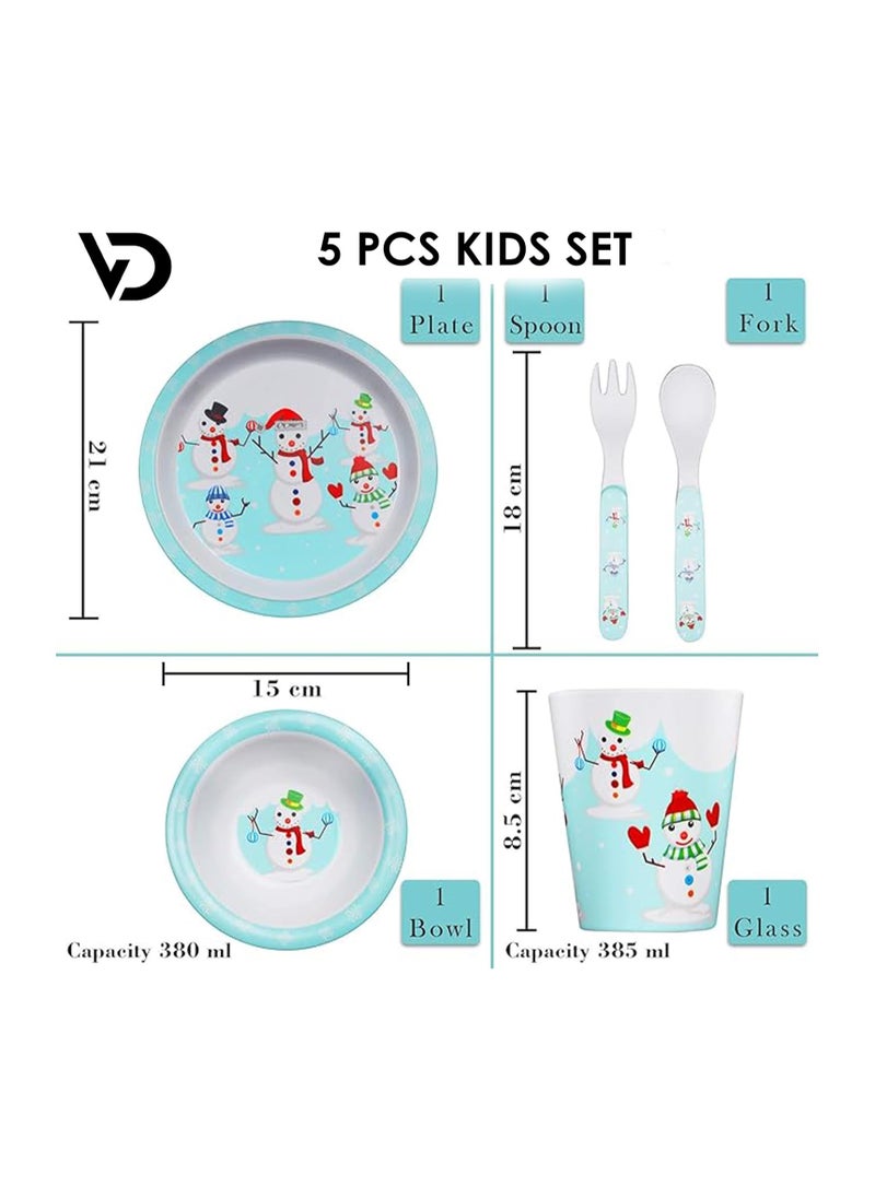 Voidrop Melamine Baby Set Baby Dinnerware Children's Dinnerware Set Includes Plate Bowl Glaas Spoon And Fork Non BPA Made of Durable Material and Perfect for Kids Set Of 5 Snow Man