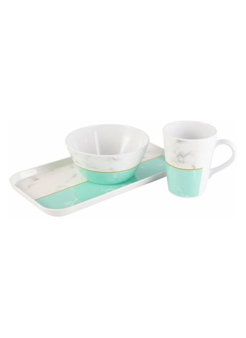 VOIDROP Breakfast And Snack 3 Pcs Set For Multipurpose Combo Of Bowl & Cup with Tray Bowl 14.5 X 7 Tray X 23.5Cm Mug X 400ml Melamine Green And White