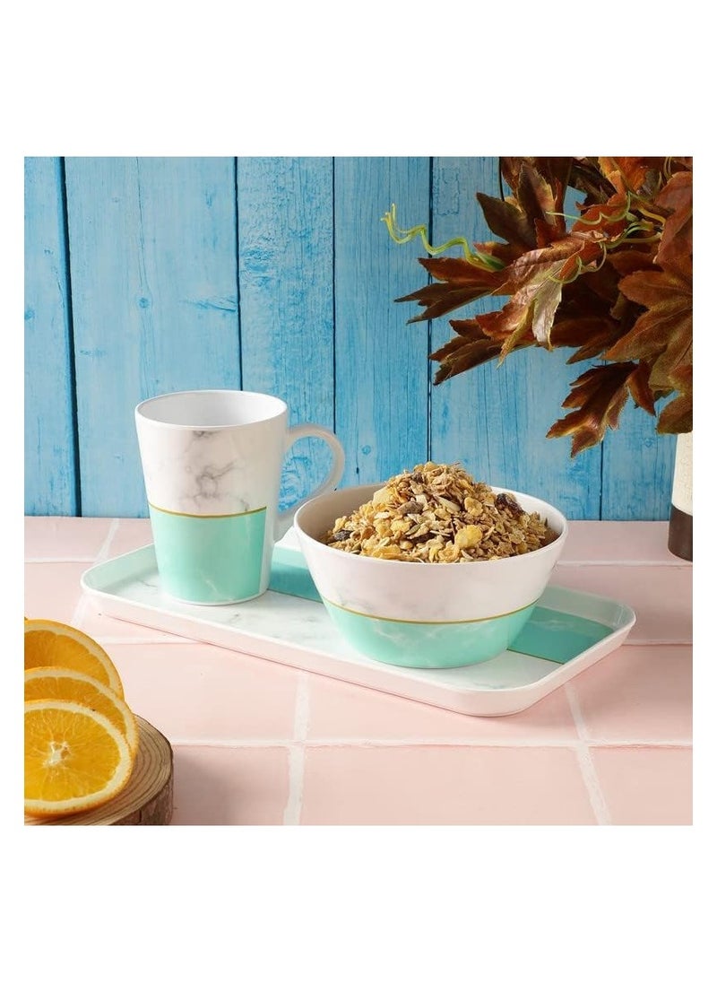 VOIDROP Breakfast And Snack 3 Pcs Set For Multipurpose Combo Of Bowl & Cup with Tray Bowl 14.5 X 7 Tray X 23.5Cm Mug X 400ml Melamine Green And White