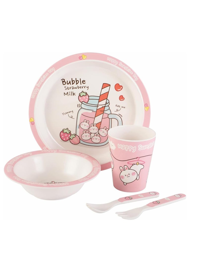 Voidrop Melamine Baby Set Baby Dinnerware Children's Dinnerware Set Includes Plate Bowl Glass Spoon And Fork Non BPA Made Of Durable Material And Perfect For Kids Set Of 5 Bunny