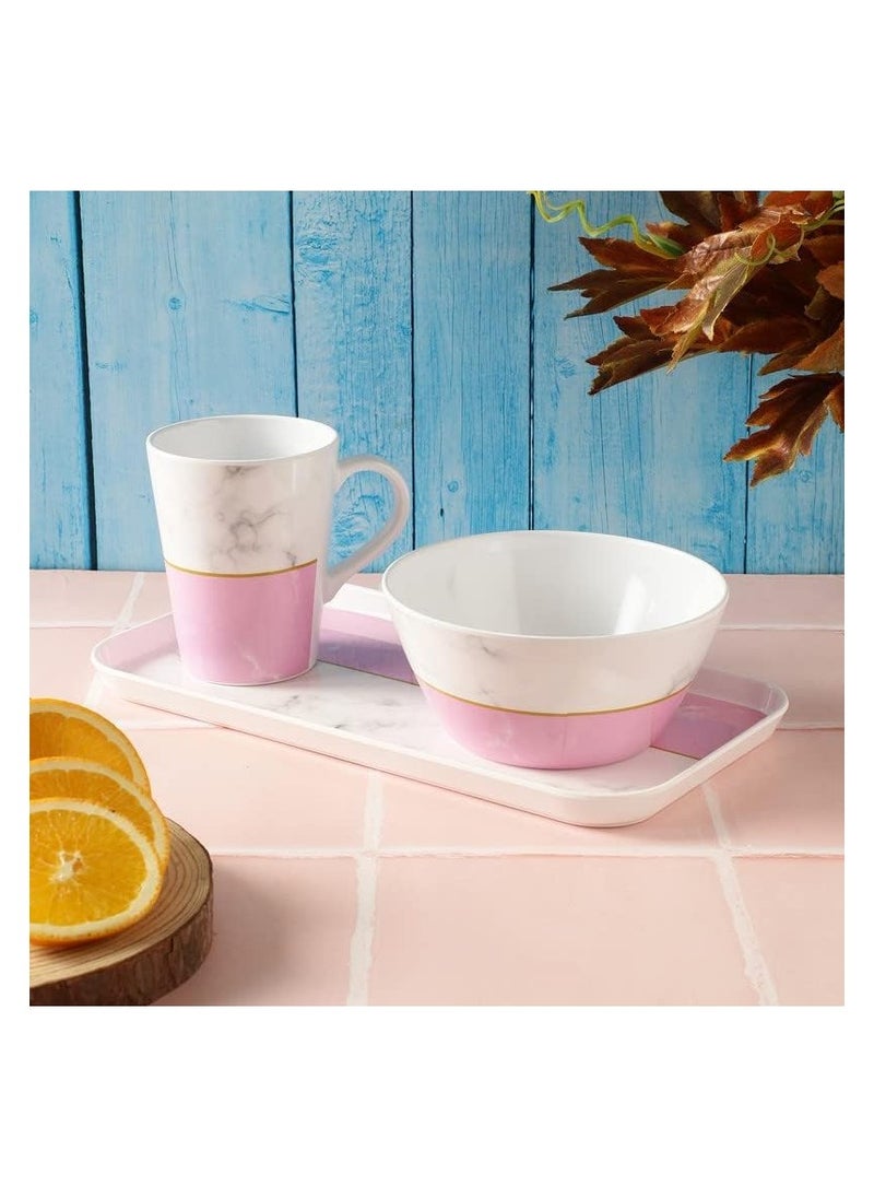 Voidrop Breakfast And Snack 3 Pcs Set For Multipurpose Combo Of Bowl & Cup with Tray Bowl 14.5 X 7 Tray X 23.5Cm Mug X 400ml Melamine Pink And White