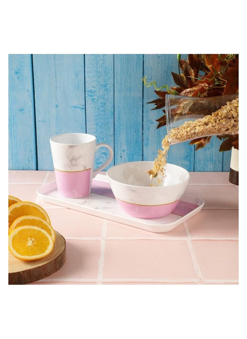 Voidrop Breakfast And Snack 3 Pcs Set For Multipurpose Combo Of Bowl & Cup with Tray Bowl 14.5 X 7 Tray X 23.5Cm Mug X 400ml Melamine Pink And White