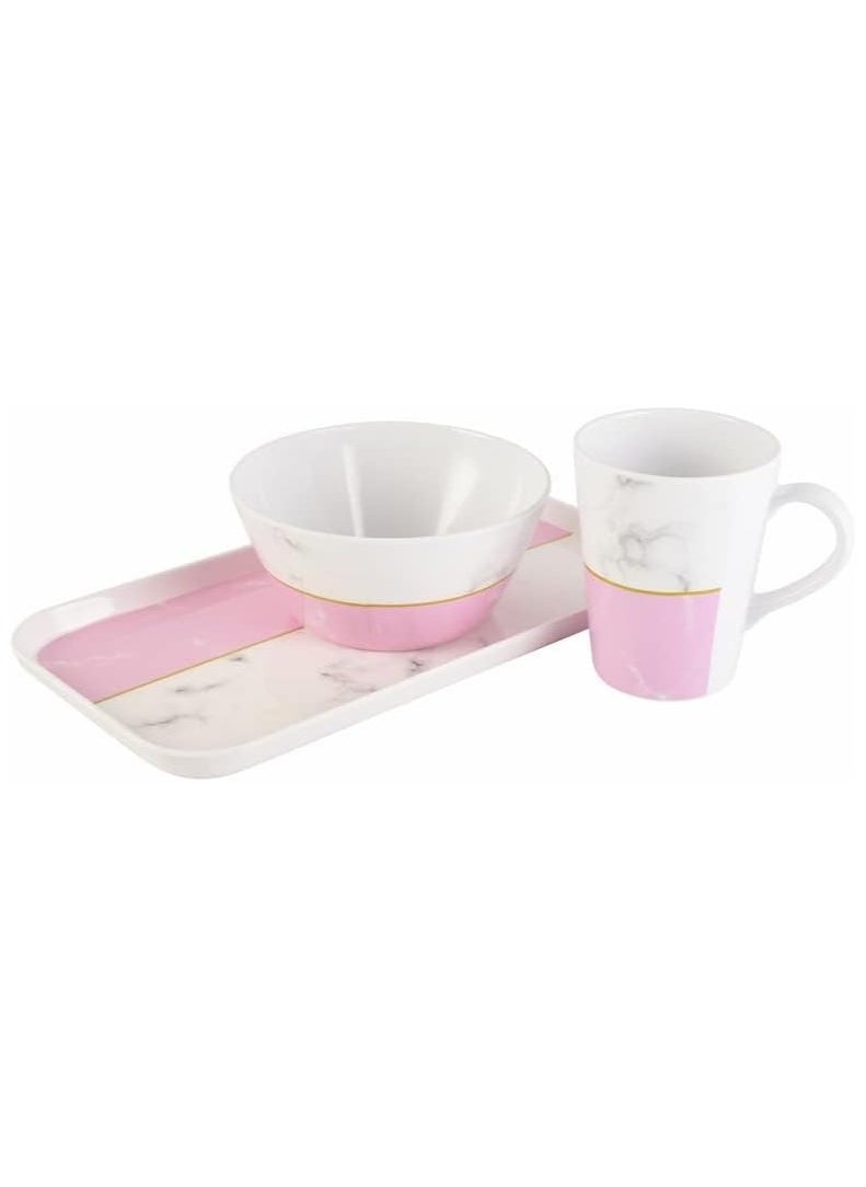 Voidrop Breakfast And Snack 3 Pcs Set For Multipurpose Combo Of Bowl & Cup with Tray Bowl 14.5 X 7 Tray X 23.5Cm Mug X 400ml Melamine Pink And White