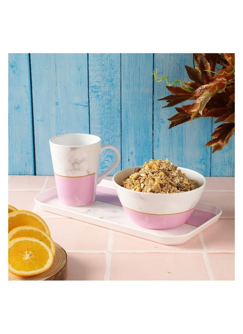 Voidrop Breakfast And Snack 3 Pcs Set For Multipurpose Combo Of Bowl & Cup with Tray Bowl 14.5 X 7 Tray X 23.5Cm Mug X 400ml Melamine Pink And White