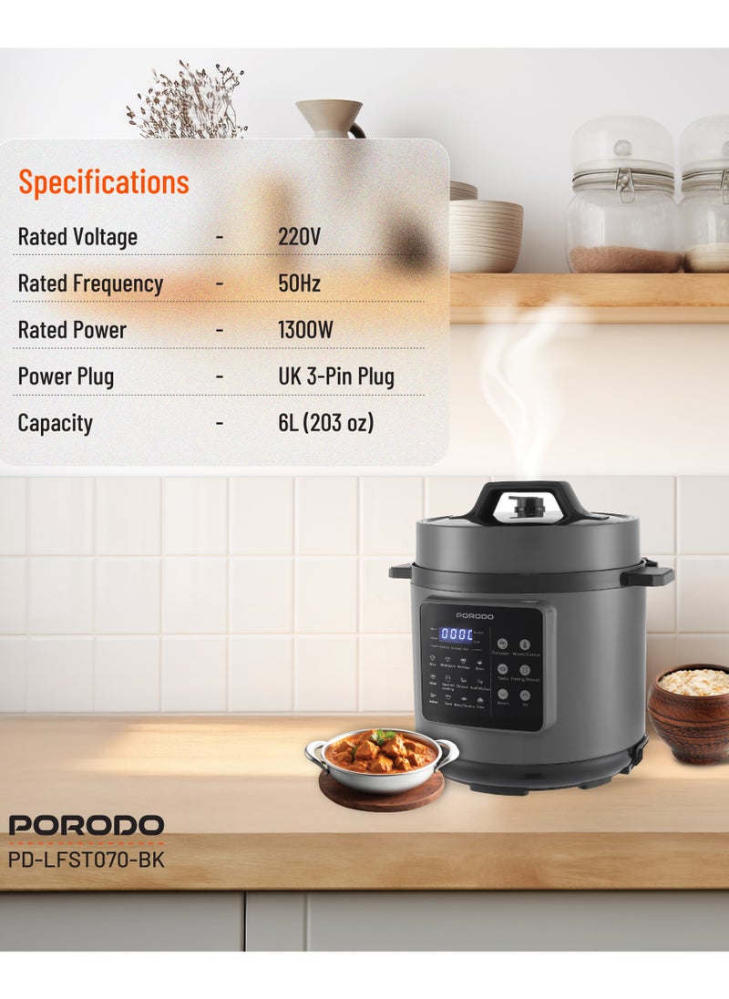 1300W Multi-Cuisine Pressure Cooker 6L with LED Display / Auto Pilot Cooking / Pressure Release Button - Black