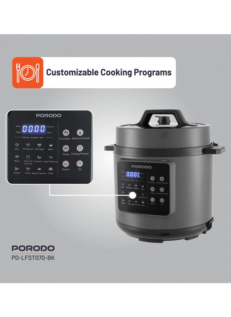 1300W Multi-Cuisine Pressure Cooker 6L with LED Display / Auto Pilot Cooking / Pressure Release Button - Black