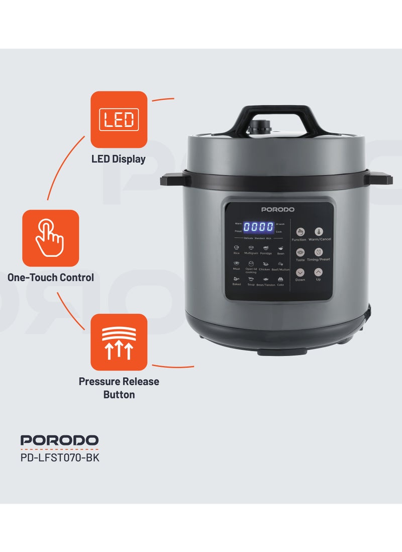 1300W Multi-Cuisine Pressure Cooker 6L with LED Display / Auto Pilot Cooking / Pressure Release Button - Black