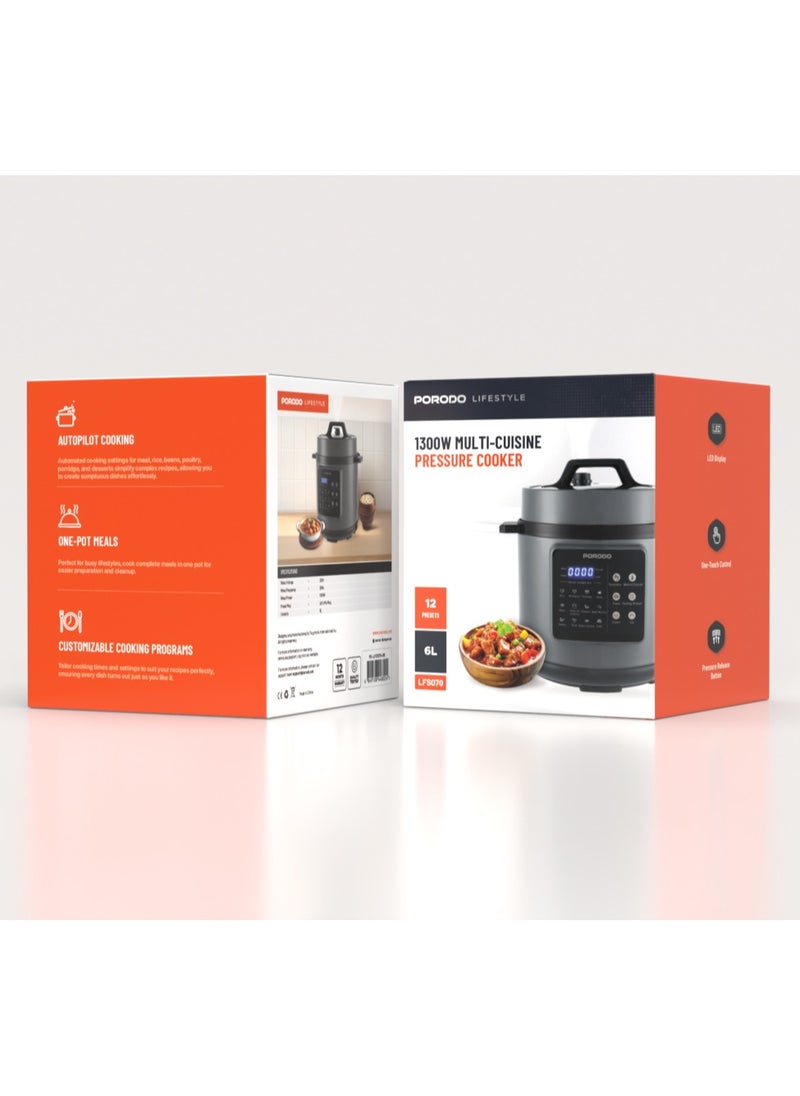 1300W Multi-Cuisine Pressure Cooker 6L with LED Display / Auto Pilot Cooking / Pressure Release Button - Black