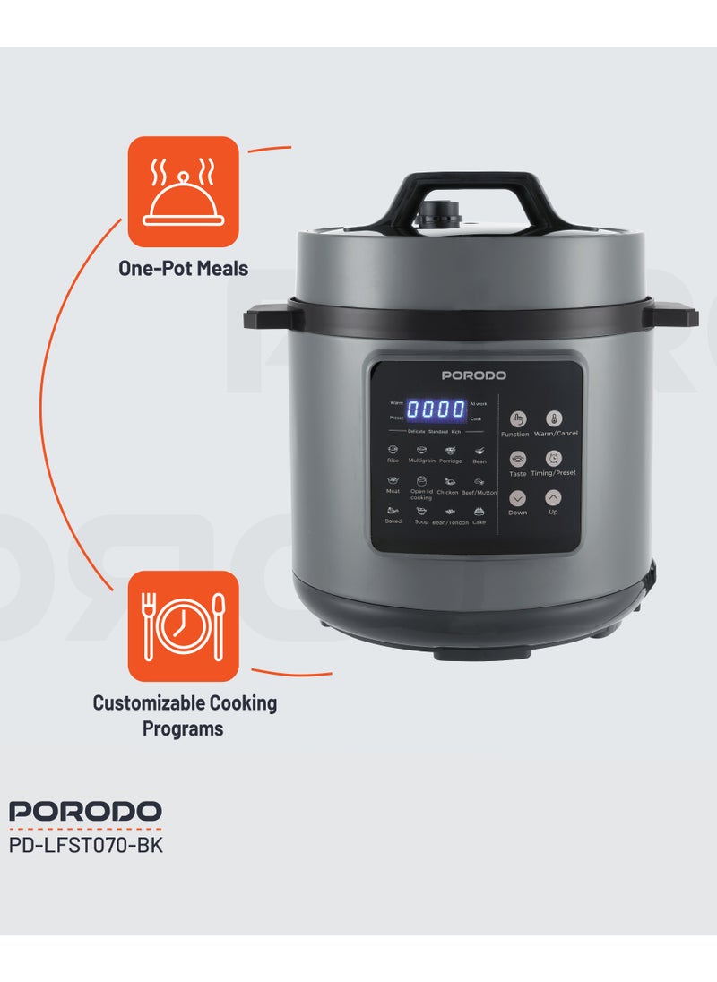 1300W Multi-Cuisine Pressure Cooker 6L with LED Display / Auto Pilot Cooking / Pressure Release Button - Black