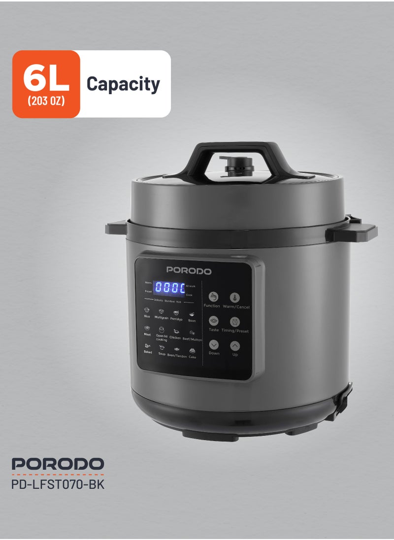 1300W Multi-Cuisine Pressure Cooker 6L with LED Display / Auto Pilot Cooking / Pressure Release Button - Black