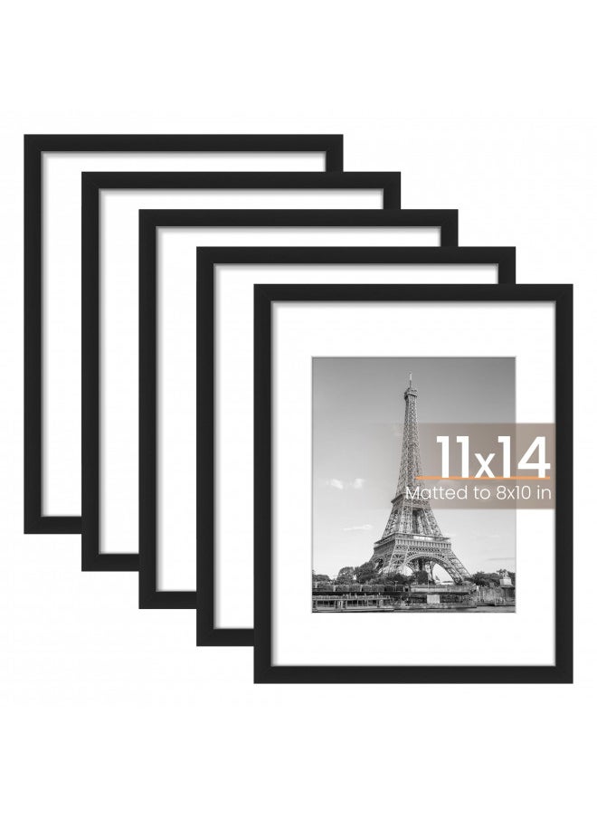 upsimples 11x14 Picture Frame Set of 5, Display Pictures 8x10 with Mat or 11x14 Without Mat, Wall Gallery Photo Frames, Black