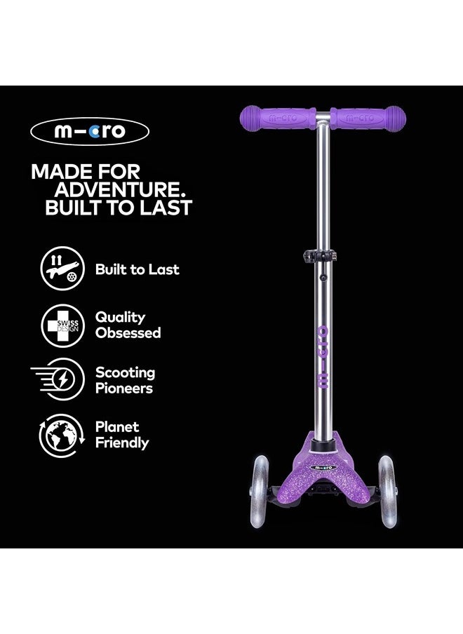 Micro Scooters | Mini Micro Deluxe Glitter LED Children's Scooter | Handlebar Adjustable | Light Up Wheels | 2-5yrs | Boys & Girls | Glitter Purple