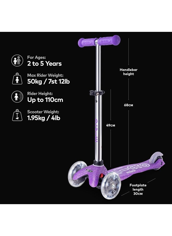 Micro Scooters | Mini Micro Deluxe Glitter LED Children's Scooter | Handlebar Adjustable | Light Up Wheels | 2-5yrs | Boys & Girls | Glitter Purple