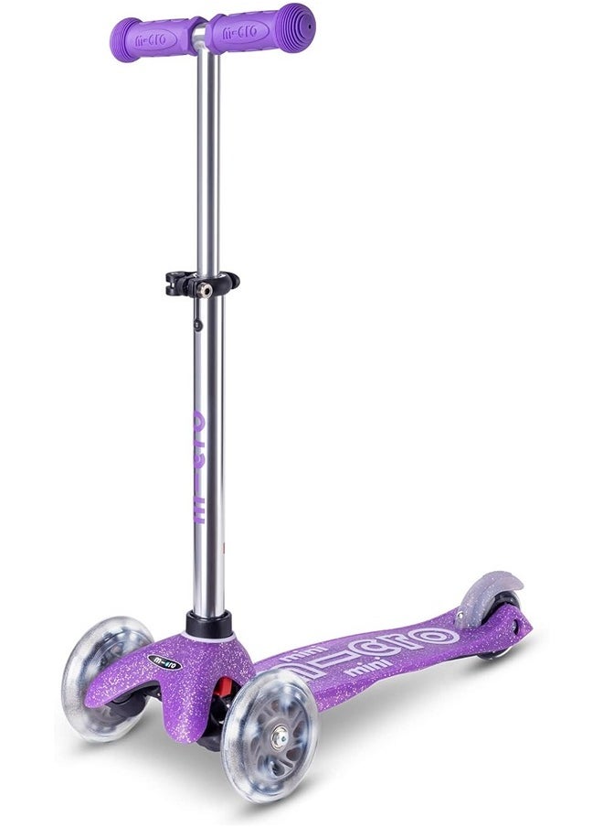 Micro Scooters | Mini Micro Deluxe Glitter LED Children's Scooter | Handlebar Adjustable | Light Up Wheels | 2-5yrs | Boys & Girls | Glitter Purple