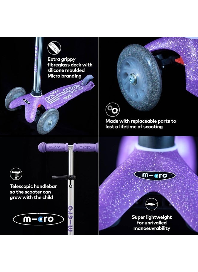 Micro Scooters | Mini Micro Deluxe Glitter LED Children's Scooter | Handlebar Adjustable | Light Up Wheels | 2-5yrs | Boys & Girls | Glitter Purple