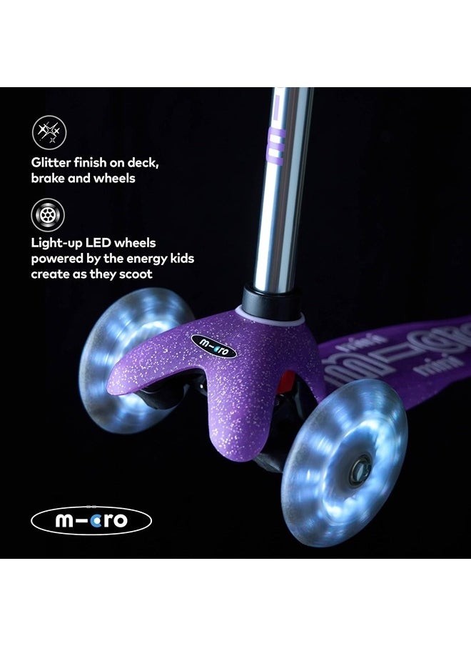 Micro Scooters | Mini Micro Deluxe Glitter LED Children's Scooter | Handlebar Adjustable | Light Up Wheels | 2-5yrs | Boys & Girls | Glitter Purple