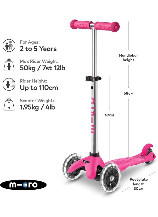 Micro Scooters | Mini Micro Plus LED Children's Scooter | Handlebar Adjustable | Light Up Wheels | 3-5yrs | Boys & Girls