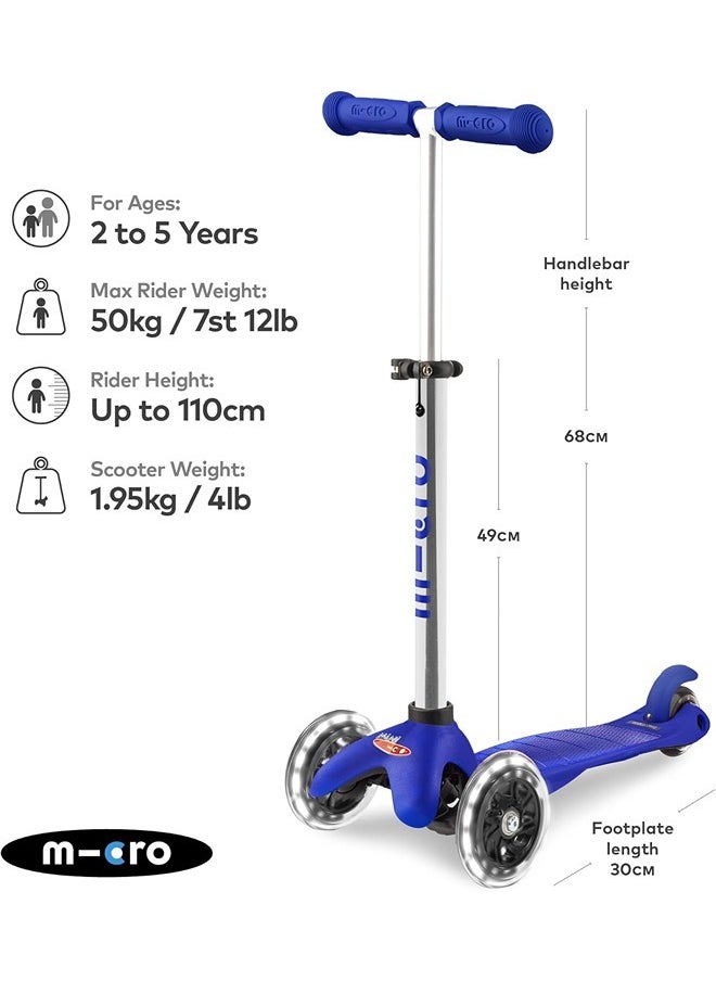 Micro Scooters | Mini Micro Plus LED Children's Scooter | Handlebar Adjustable | Light Up Wheels | 3-5yrs | Boys & Girls