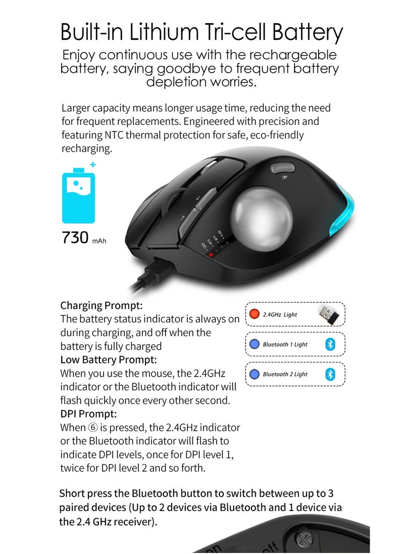 Wireless Bluetooth Trackball Mouse 2.4G RGB Ergonomic Rechargeable Roller Axis Mouse 3 Devices