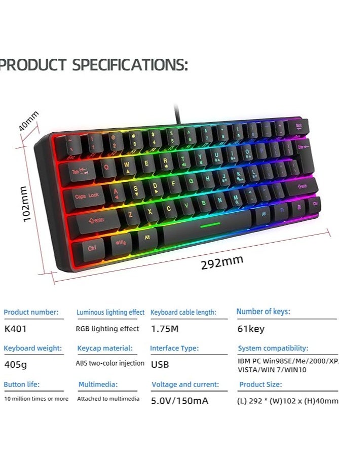 Gaming Keyboard Mechanical 61 Keys Ultra Compact Wired PC Keyboard with RGB Backlit FN Combination Multifunction Shortcut Keys Perfect for Gaming and Work, K401, Black