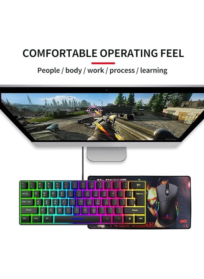 Gaming Keyboard Mechanical 61 Keys Ultra Compact Wired PC Keyboard with RGB Backlit FN Combination Multifunction Shortcut Keys Perfect for Gaming and Work, K401, Black