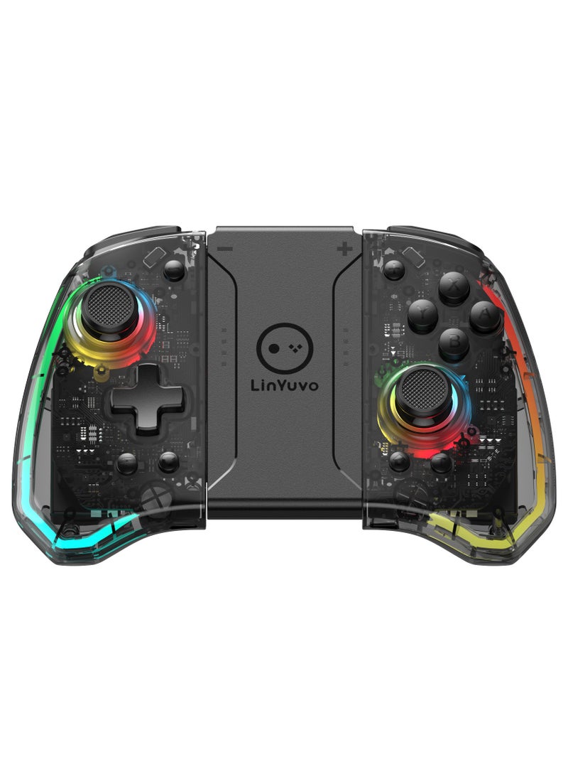 Classic Wireless Gamepad LinYuvo Joycon Bluetooth Game Controller Compatible with Switch, Switch Lite, Switch OLED RGB Light Six-Axis Gyroscope Turbo Function Adjustment Dual Vibration Transparent Black