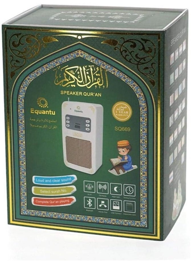 Portable Quran Bluetooth Speaker – Arabic Translator, MP3 Quran Player with USB Jack (White)