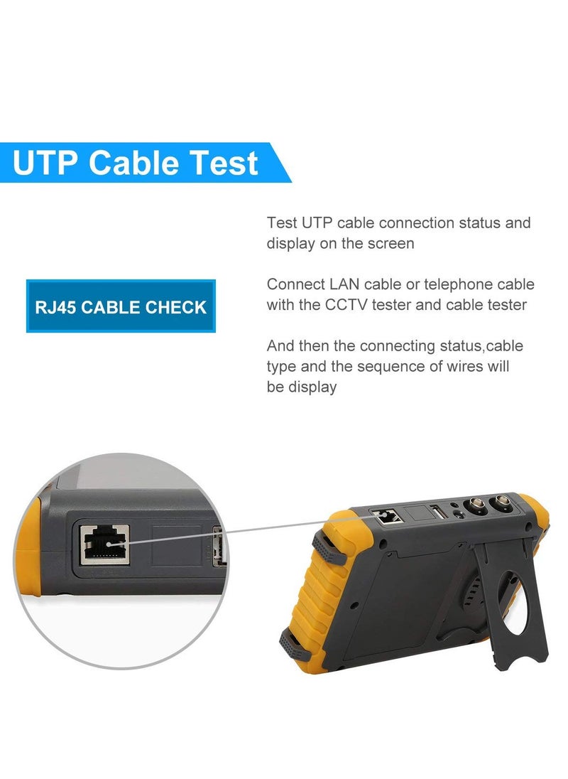 5-Inch 4-in-1 CCTV Monitor Camera Tester for AHD/TVI/CVI/CVBS, Coaxial Analog Video Monitor, UTP/PTZ Cable Testing for 1080P/3/4/5/8MP, with VGA/HDMI Input and DC12V Output, Portable Design.