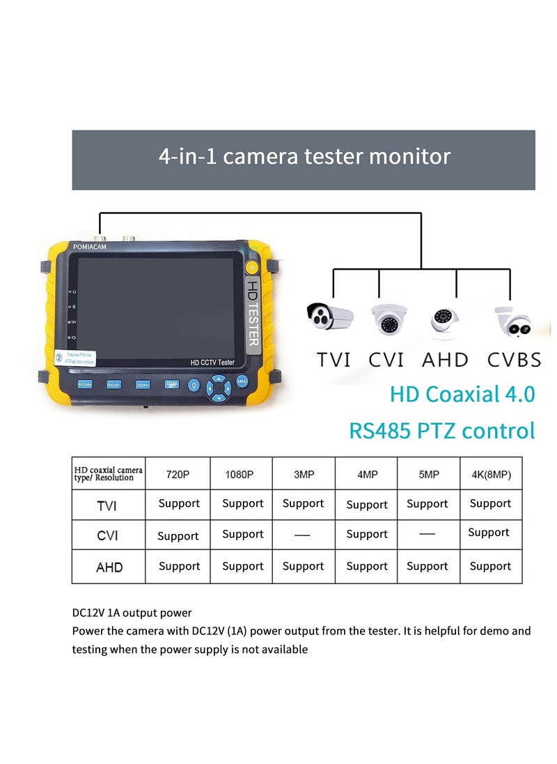 5-Inch 4-in-1 CCTV Monitor Camera Tester for AHD/TVI/CVI/CVBS, Coaxial Analog Video Monitor, UTP/PTZ Cable Testing for 1080P/3/4/5/8MP, with VGA/HDMI Input and DC12V Output, Portable Design.