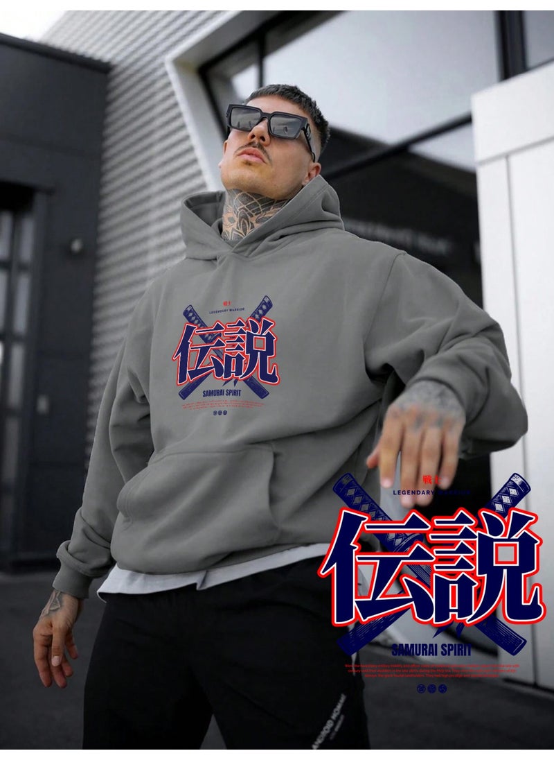 Women, Men's Sweatshirt Oversize Samurai Spirit Printed Thick Gray Lover Sweatshirt