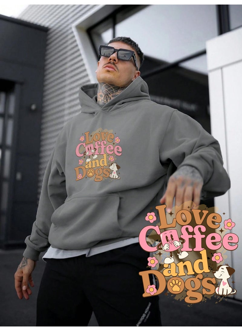 Women, Men's Sweatshirt Oversize Love Coffee And Dogs Printed Thick Gray Lover Sweatshirt